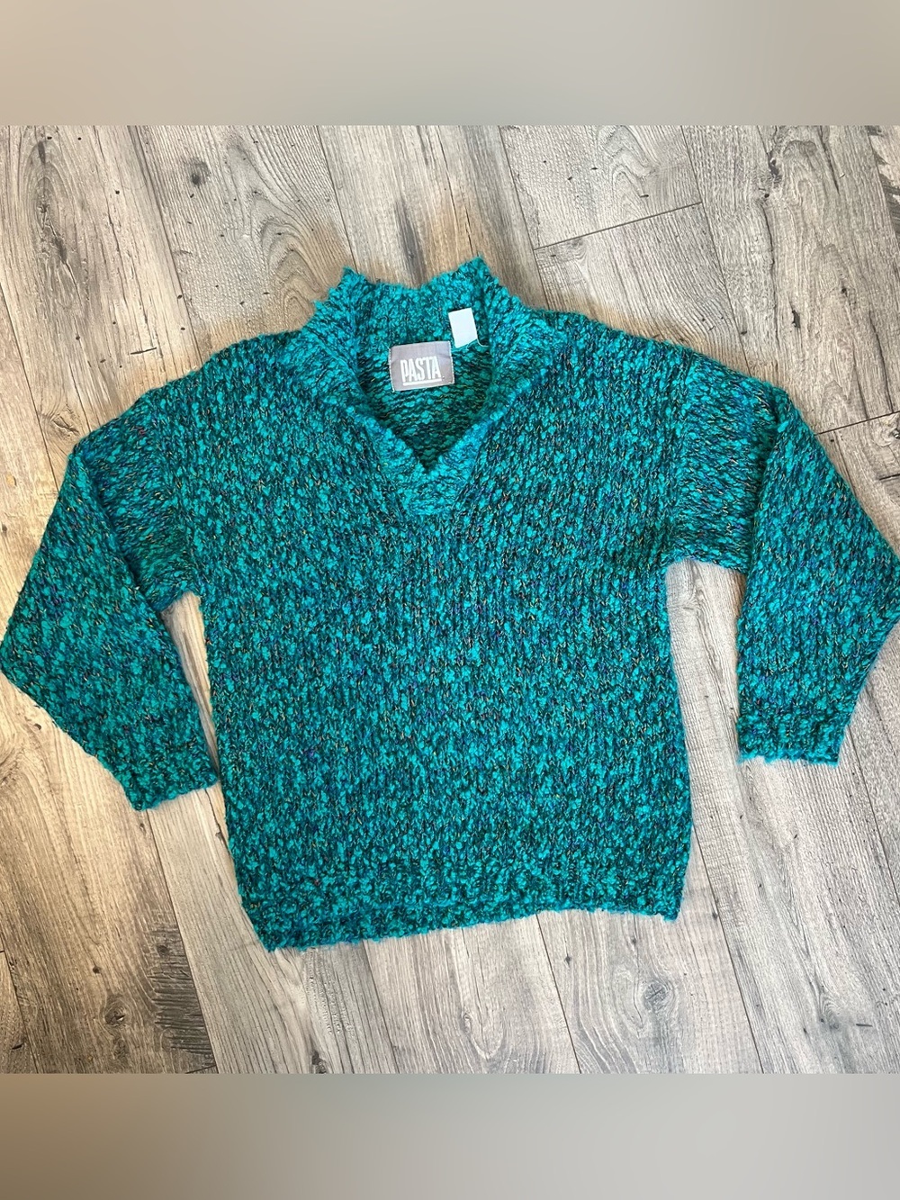 Vintage Chunky Teal Multi Colored Thread Collared Long Sleeve Sweater- Size M